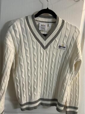 Corona Premier Foray Golf Cable Knit V-Neck Sweater Pullover Cream/Gray Size M